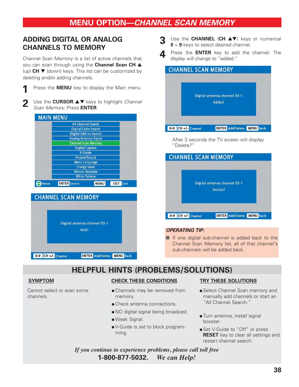 Channel scan memory (adding channels), Menu option, Helpful hints (problems/solutions) | Technicolor - Thomson DP50747 User Manual | Page 38 / 52