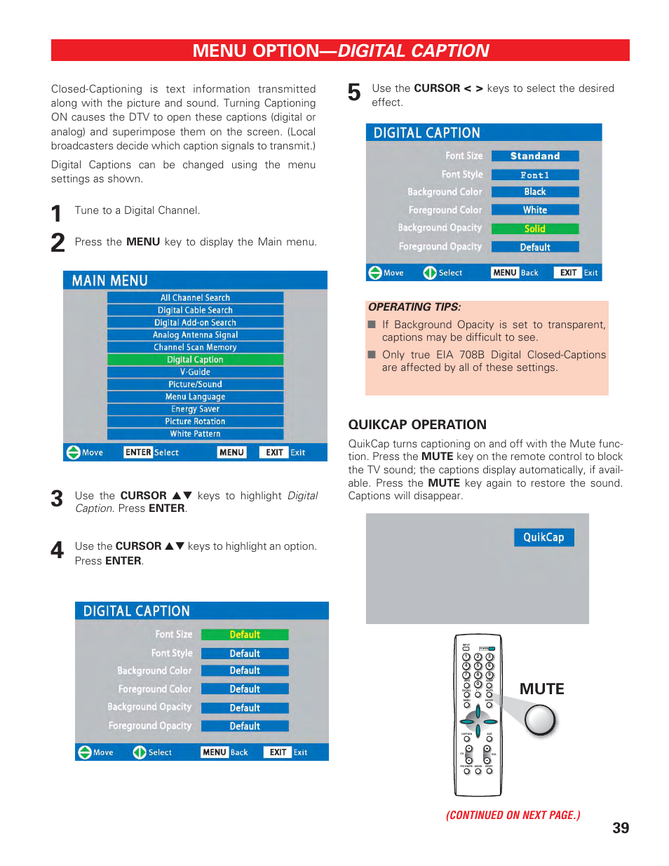 Digital caption, Menu option, Mute | Quikcap operation | Technicolor - Thomson DP50747 User Manual | Page 39 / 52