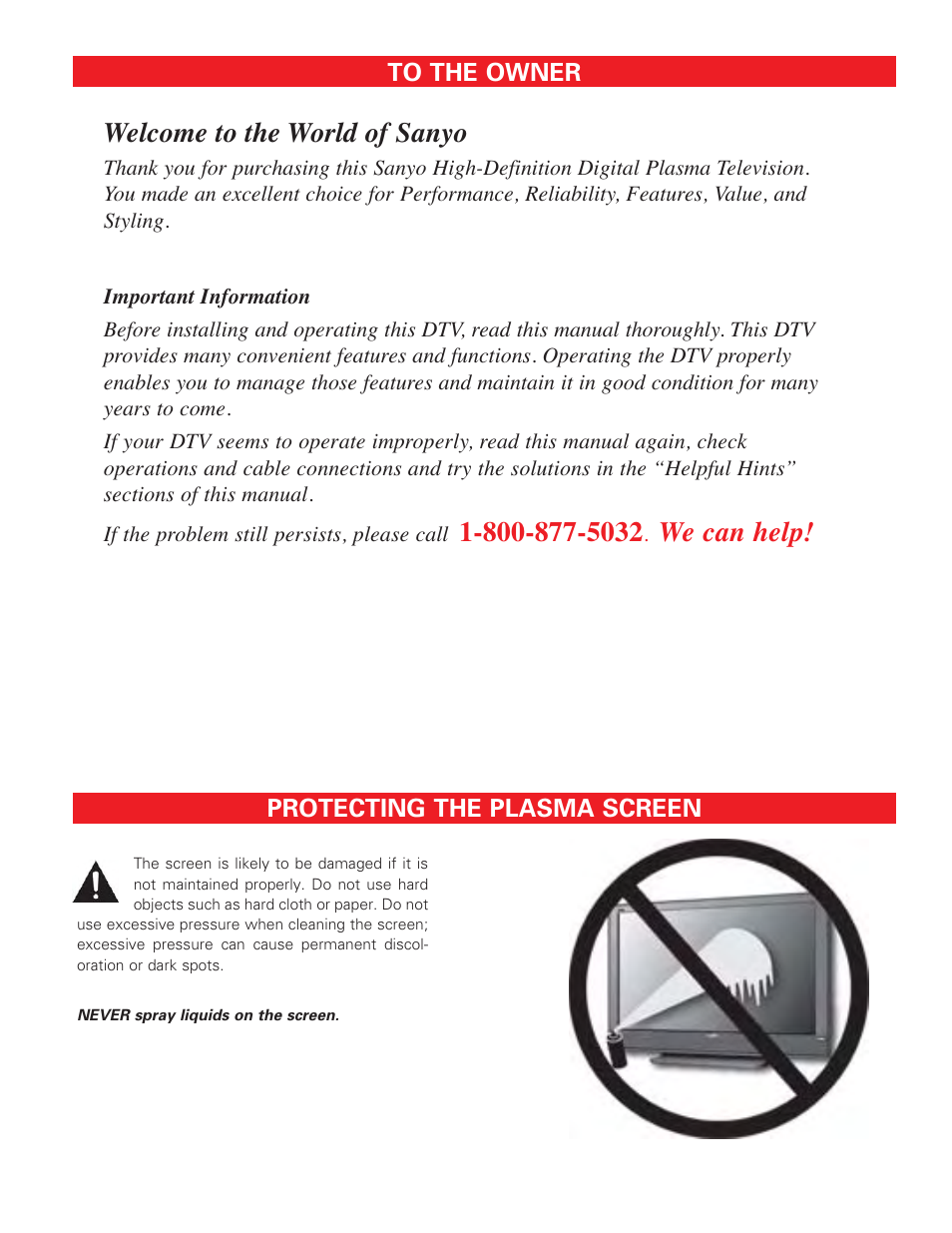 To the owner, Protecting the plasma screen, Welcome to the world of sanyo | We can help | Technicolor - Thomson DP50747 User Manual | Page 4 / 52