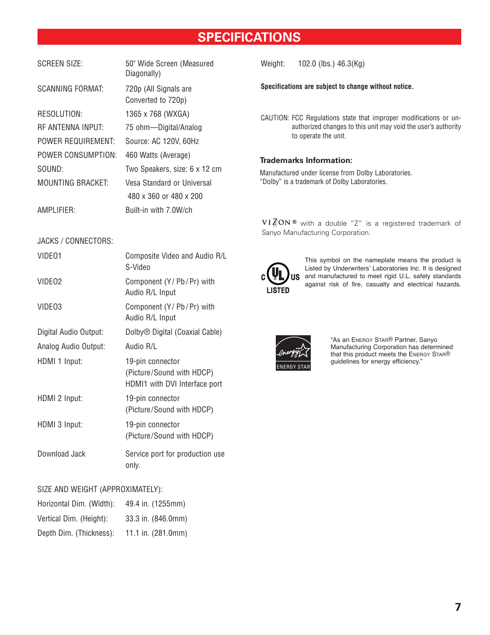 Specifications | Technicolor - Thomson DP50747 User Manual | Page 7 / 52