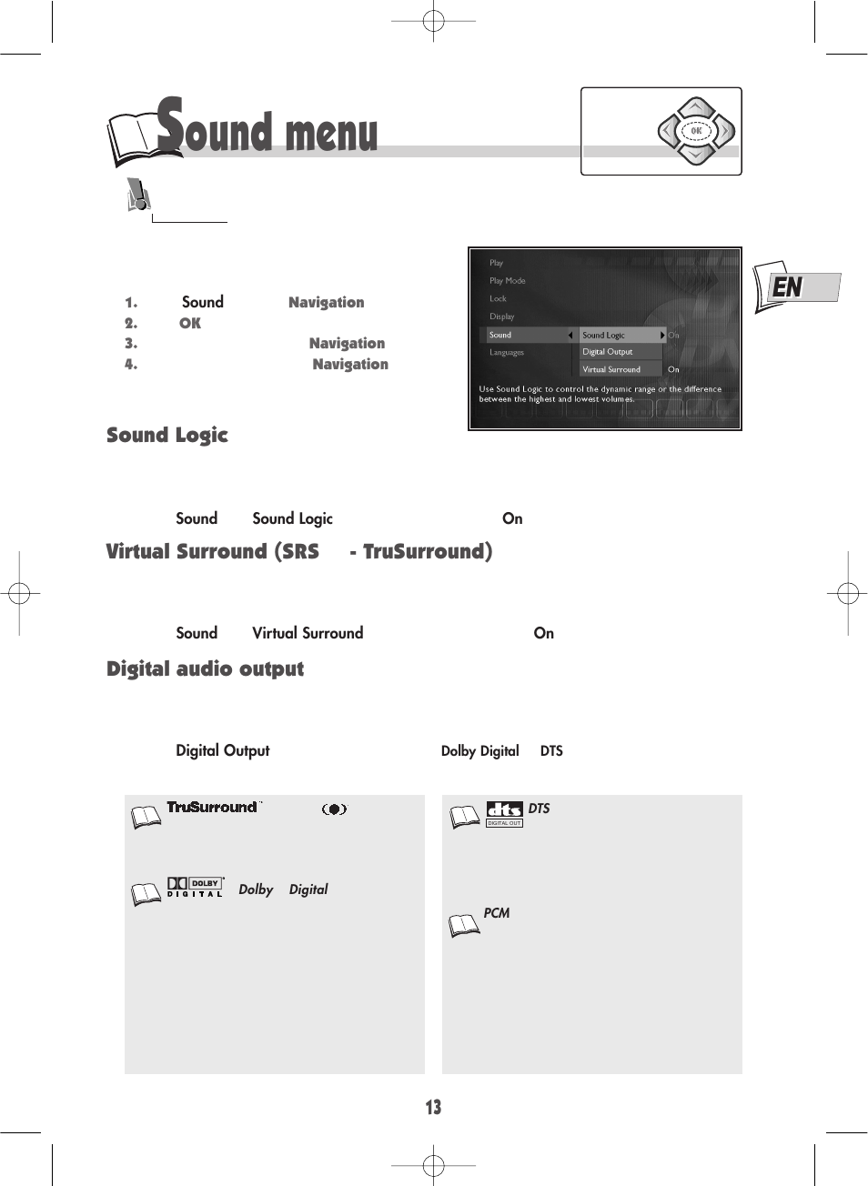 Ound menu, Sound logic, Digital audio output | Virtual surround (srs, Trusurround) | Technicolor - Thomson DTH220E User Manual | Page 13 / 26