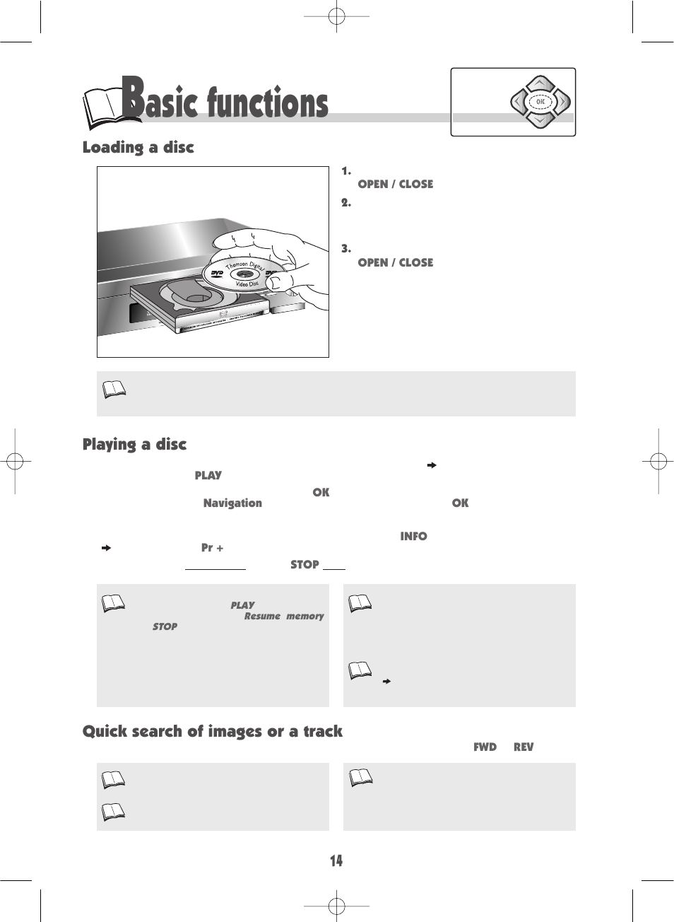 Asic functions, Loading a disc playing a disc, Quick search of images or a track | Technicolor - Thomson DTH220E User Manual | Page 14 / 26