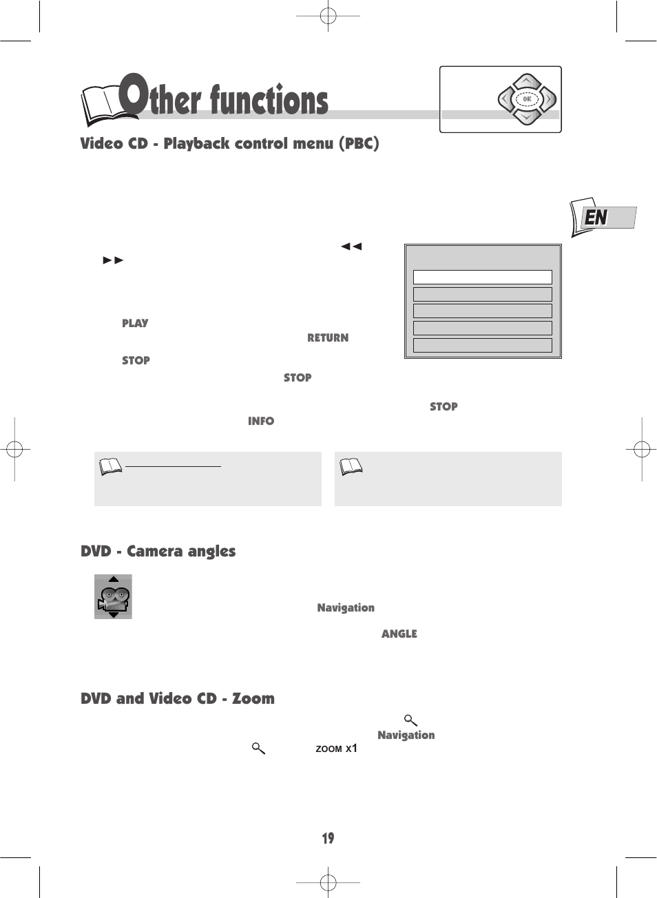 Ther functions, Video cd - playback control menu (pbc), Dvd - camera angles | Dvd and video cd - zoom | Technicolor - Thomson DTH220E User Manual | Page 19 / 26