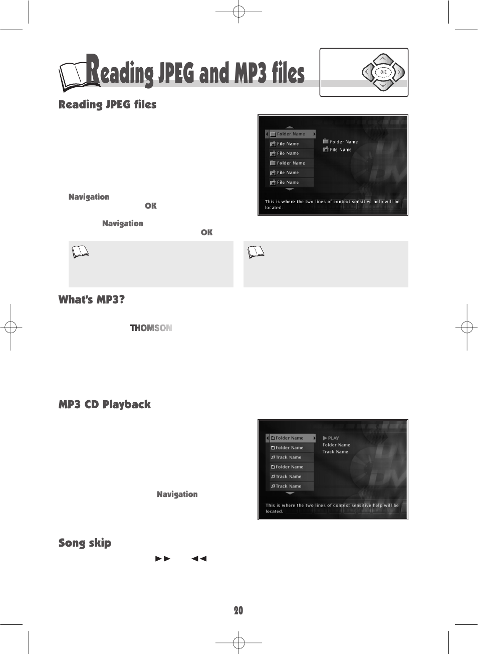 Eading jpeg and mp3 files, Mp3 cd playback what’s mp3? song skip, Reading jpeg files | Technicolor - Thomson DTH220E User Manual | Page 20 / 26