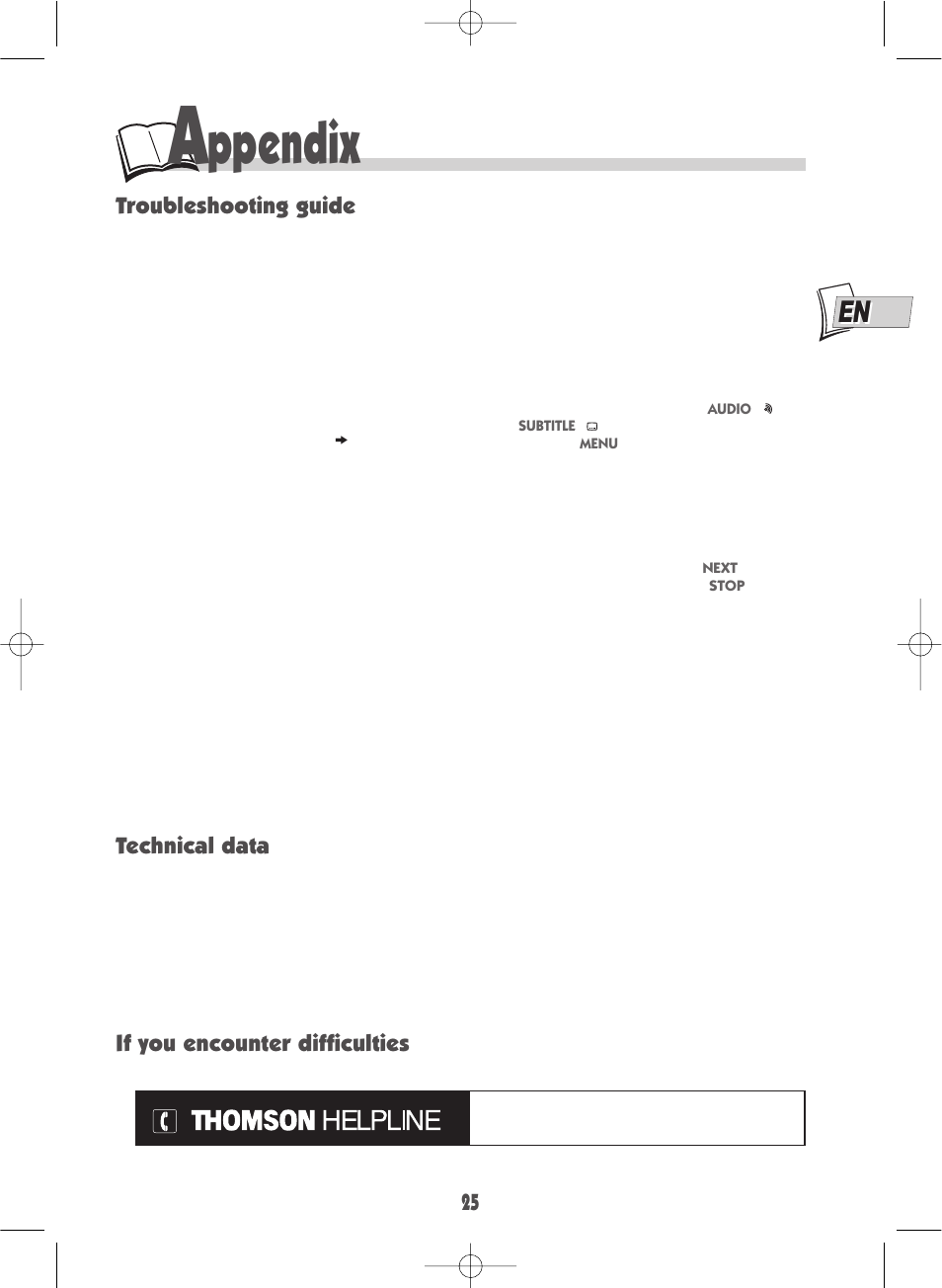 Ppendix, Troubleshooting guide, Technical data if you encounter difficulties | Technicolor - Thomson DTH220E User Manual | Page 25 / 26