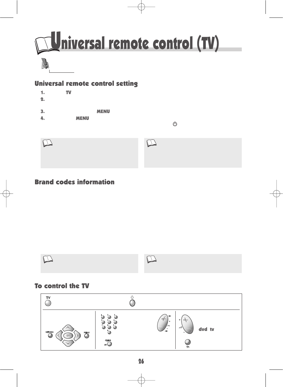 Niversal remote control (tv), Brand codes information, Universal remote control setting | Technicolor - Thomson DTH220E User Manual | Page 26 / 26