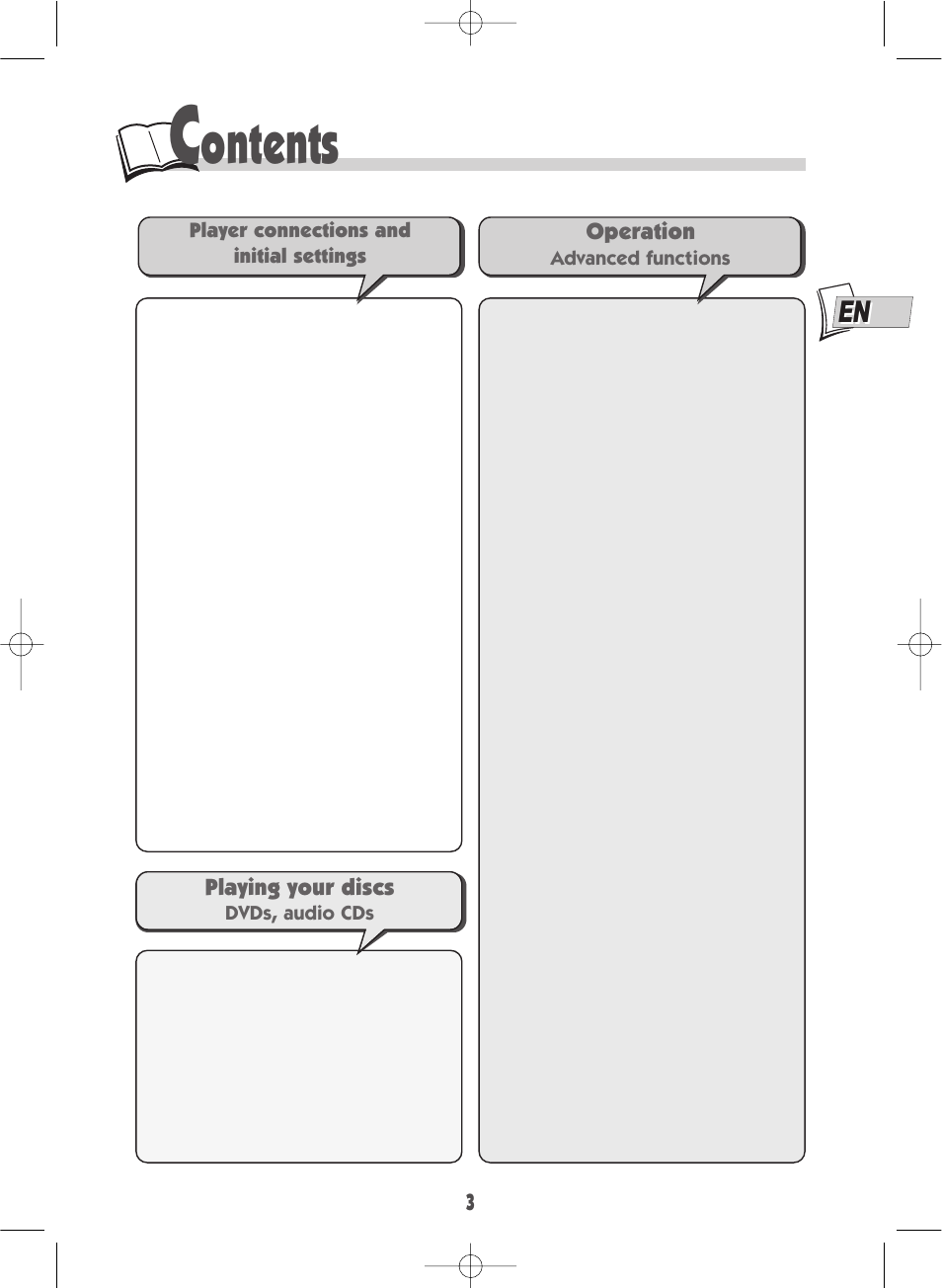 Ontents, Operation, Playing your discs | Technicolor - Thomson DTH220E User Manual | Page 3 / 26