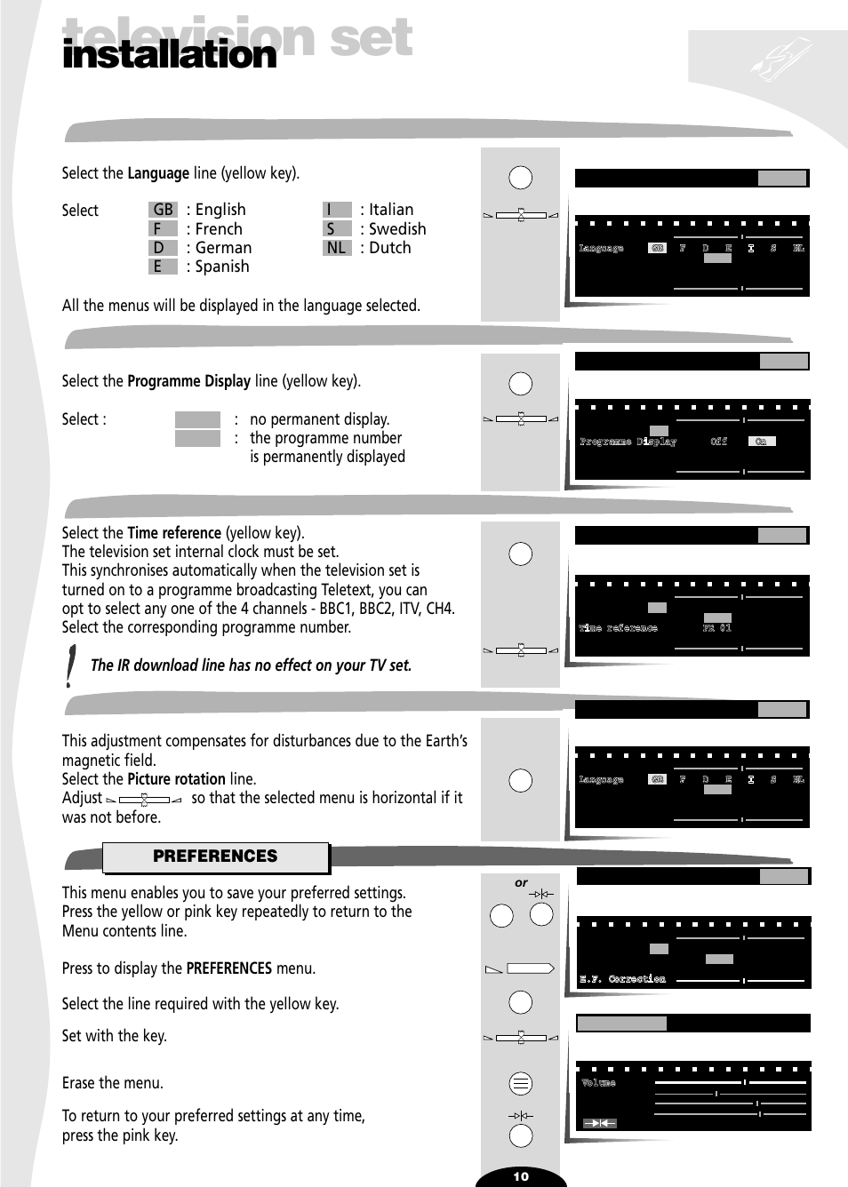 Menu language, Programme number display, Time reference | Magnetic field correction, Preferences, Television set, Installation | Technicolor - Thomson SL 70 D User Manual | Page 10 / 31