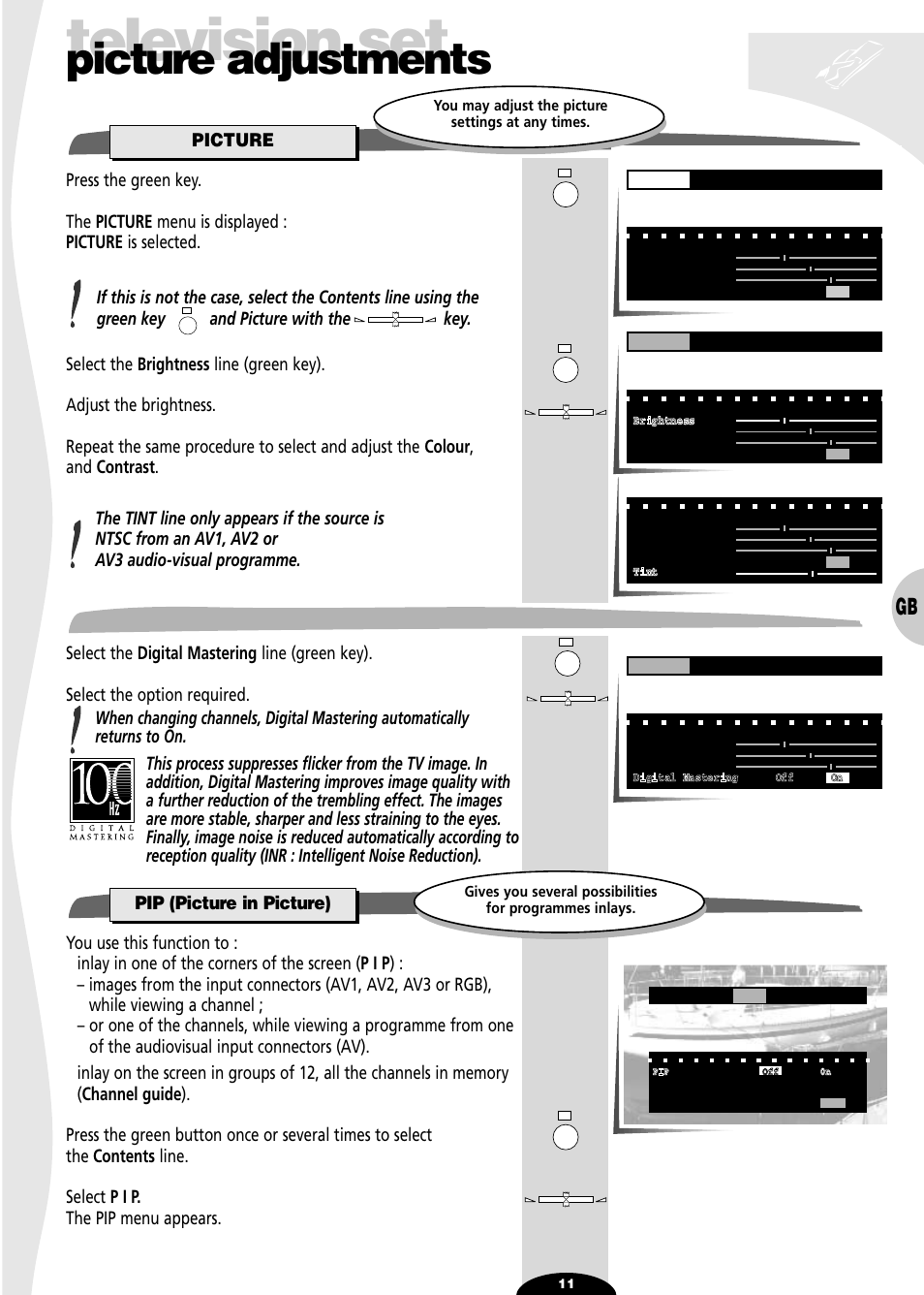 Picture adjustements, Picture, Digital mastering | Pip (picture in picture), Television set, Picture adjustments | Technicolor - Thomson SL 70 D User Manual | Page 11 / 31