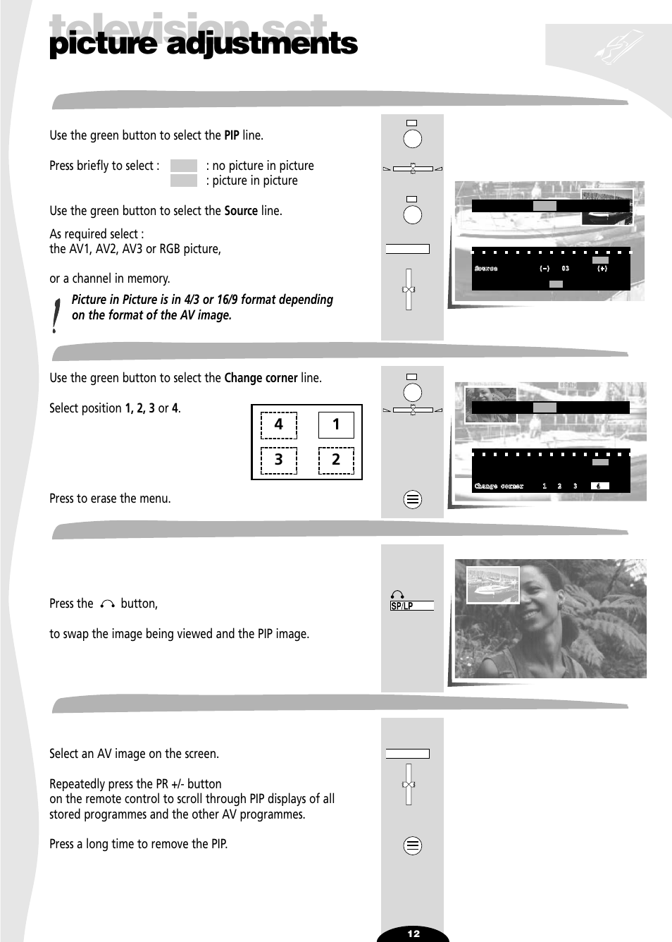 Image inlay (pip), Inlaid image position, Picture swap | Scanning all inlaid image programmes, Television set, Picture adjustments, Image inlay (pip) inlaid image position, Picture swap scanning all inlaid image programmes | Technicolor - Thomson SL 70 D User Manual | Page 12 / 31