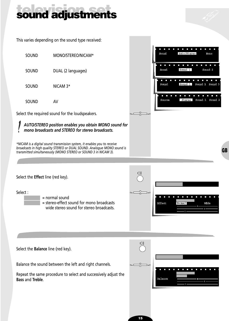 Effect, Balance, Television set | Sound adjustments | Technicolor - Thomson SL 70 D User Manual | Page 15 / 31