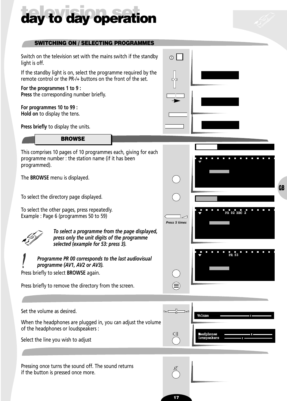 Day to day operation, Switching on / selecting programmes, Browse | Volume, Sound mute, Television set | Technicolor - Thomson SL 70 D User Manual | Page 17 / 31