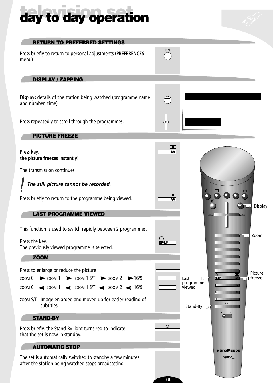 Return to preferred settings, Display / zapping, Picture freeze | Last programme viewed, Zoom, Stand-by, Automatic stop, Television set, Day to day operation, 1 s/t | Technicolor - Thomson SL 70 D User Manual | Page 18 / 31