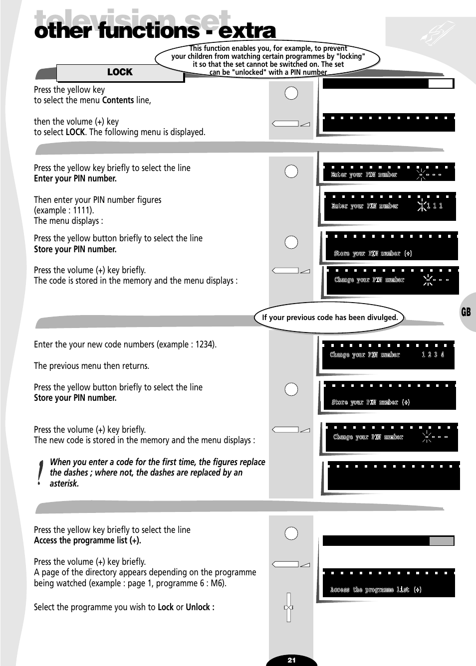 Lock, Enter your pin number, Change you pin number | Access the programme list, Television set, Other functions - extra, Change you pin number access the programme list | Technicolor - Thomson SL 70 D User Manual | Page 21 / 31