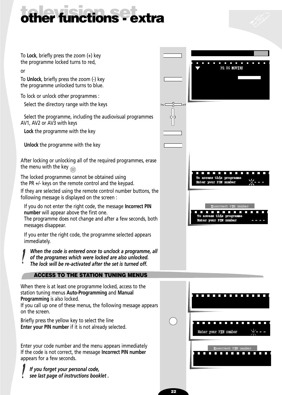 Access to the station tuning menus, Television set, Other functions - extra | Technicolor - Thomson SL 70 D User Manual | Page 22 / 31