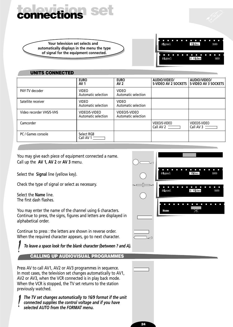 Units connected, Name, Calling up audiovisual programmes | Television set, Connections | Technicolor - Thomson SL 70 D User Manual | Page 24 / 31