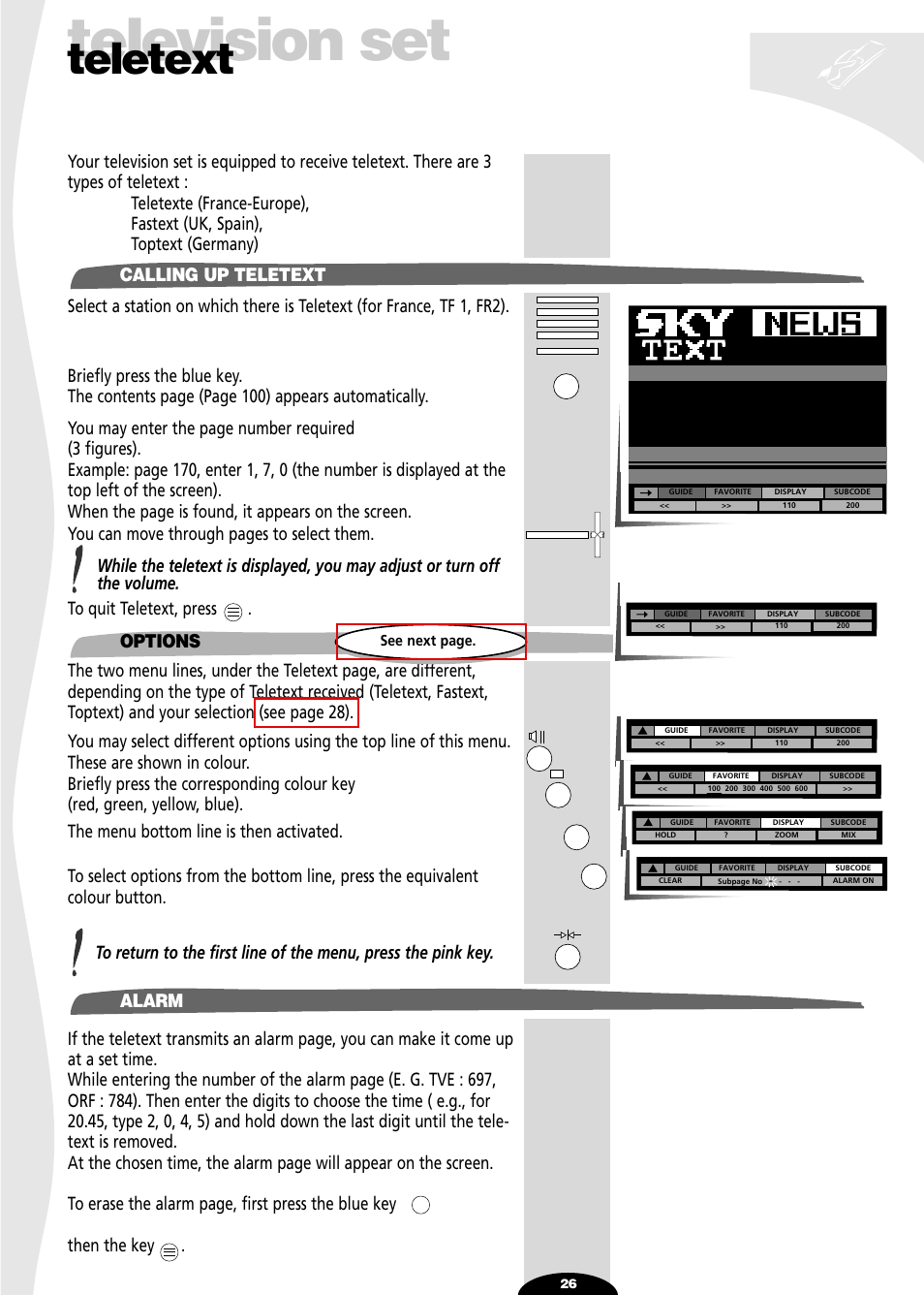 Teletext, Calling up teletext, Options | Alarm, Television set, Options alarm | Technicolor - Thomson SL 70 D User Manual | Page 26 / 31