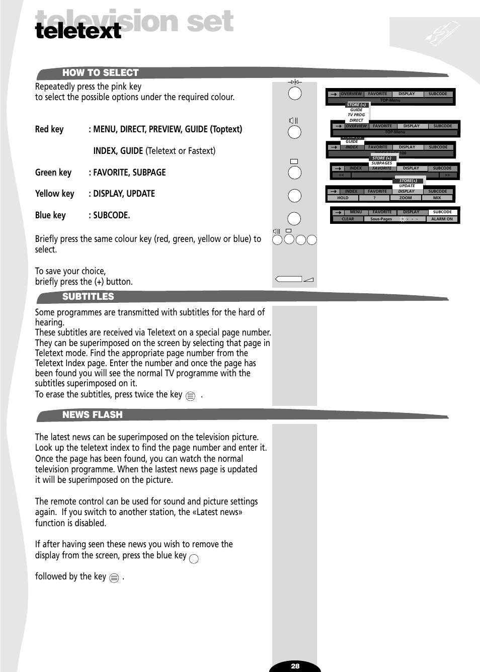 How to select, Subtitles, News flash | Television set, Teletext | Technicolor - Thomson SL 70 D User Manual | Page 28 / 31