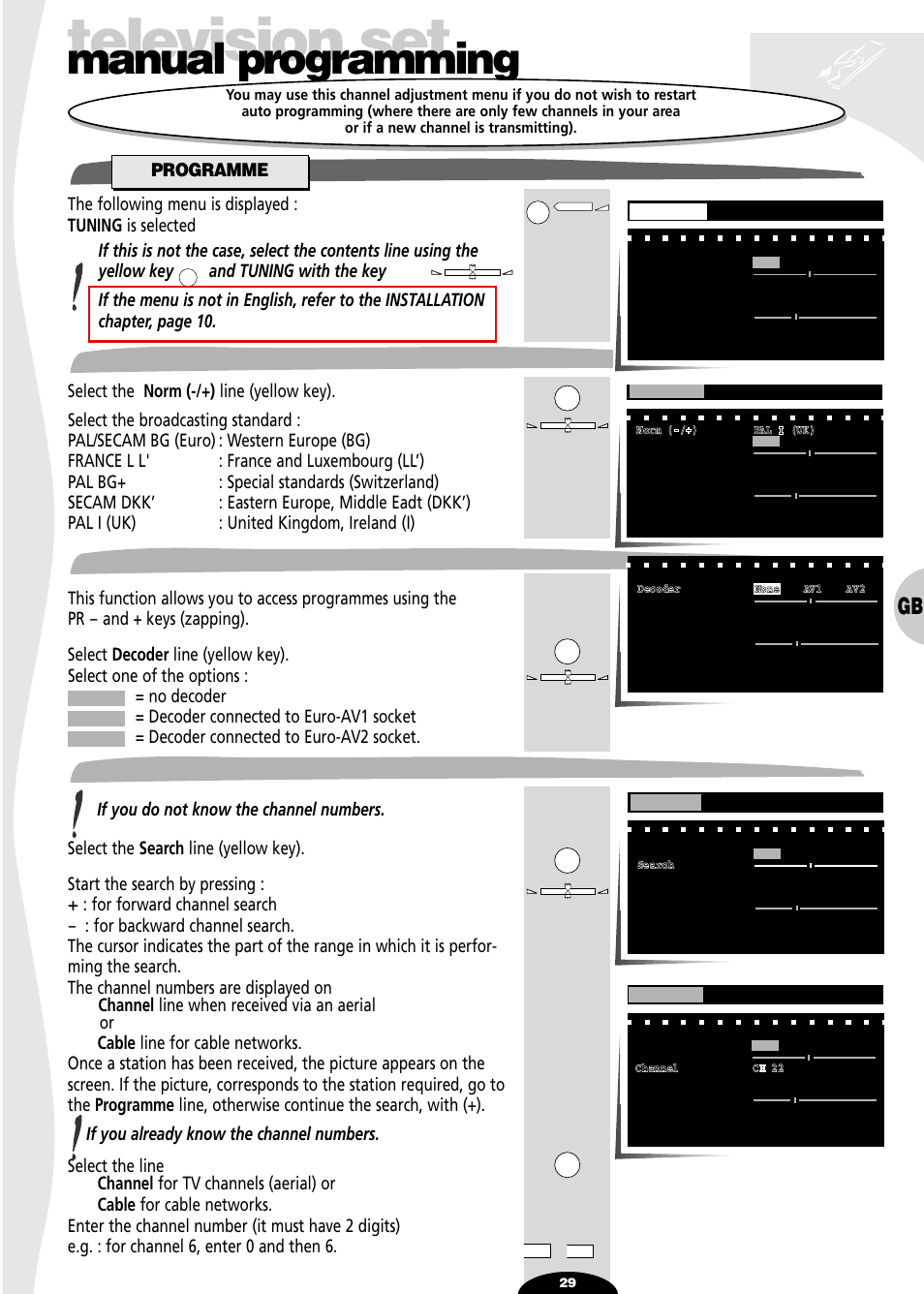 Manual programming, Programme, Norm | Decoder, Channel/cable, Television set, Norm channel/cable | Technicolor - Thomson SL 70 D User Manual | Page 29 / 31