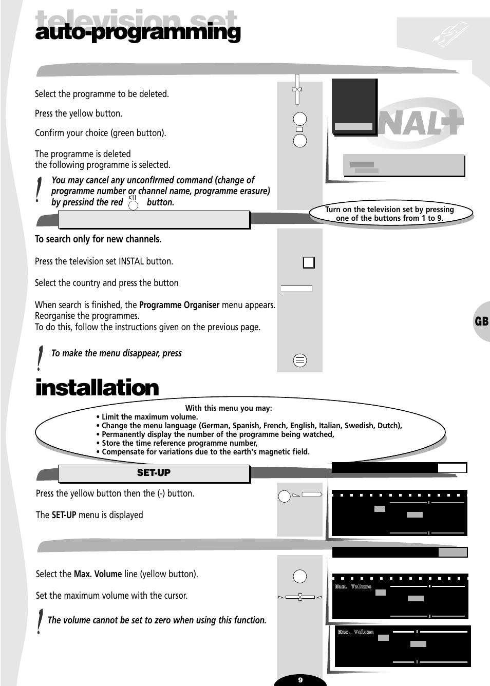 To delete a programme, New channels, Installation | Set-up, Maximum volume limitation, Television set, Auto-programming | Technicolor - Thomson SL 70 D User Manual | Page 9 / 31