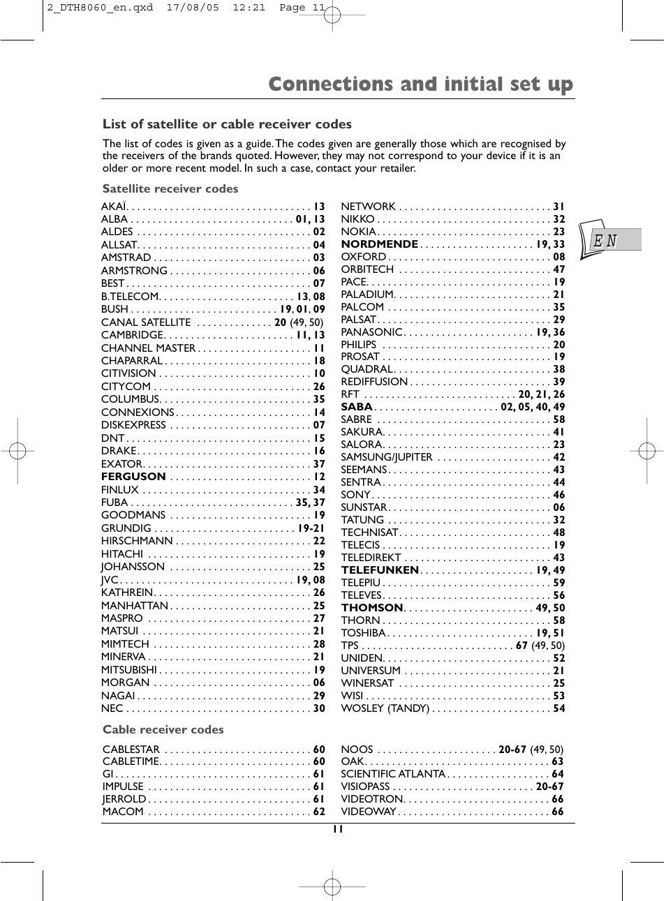 Connections and initial set up | Technicolor - Thomson DTH8060 User Manual | Page 11 / 75