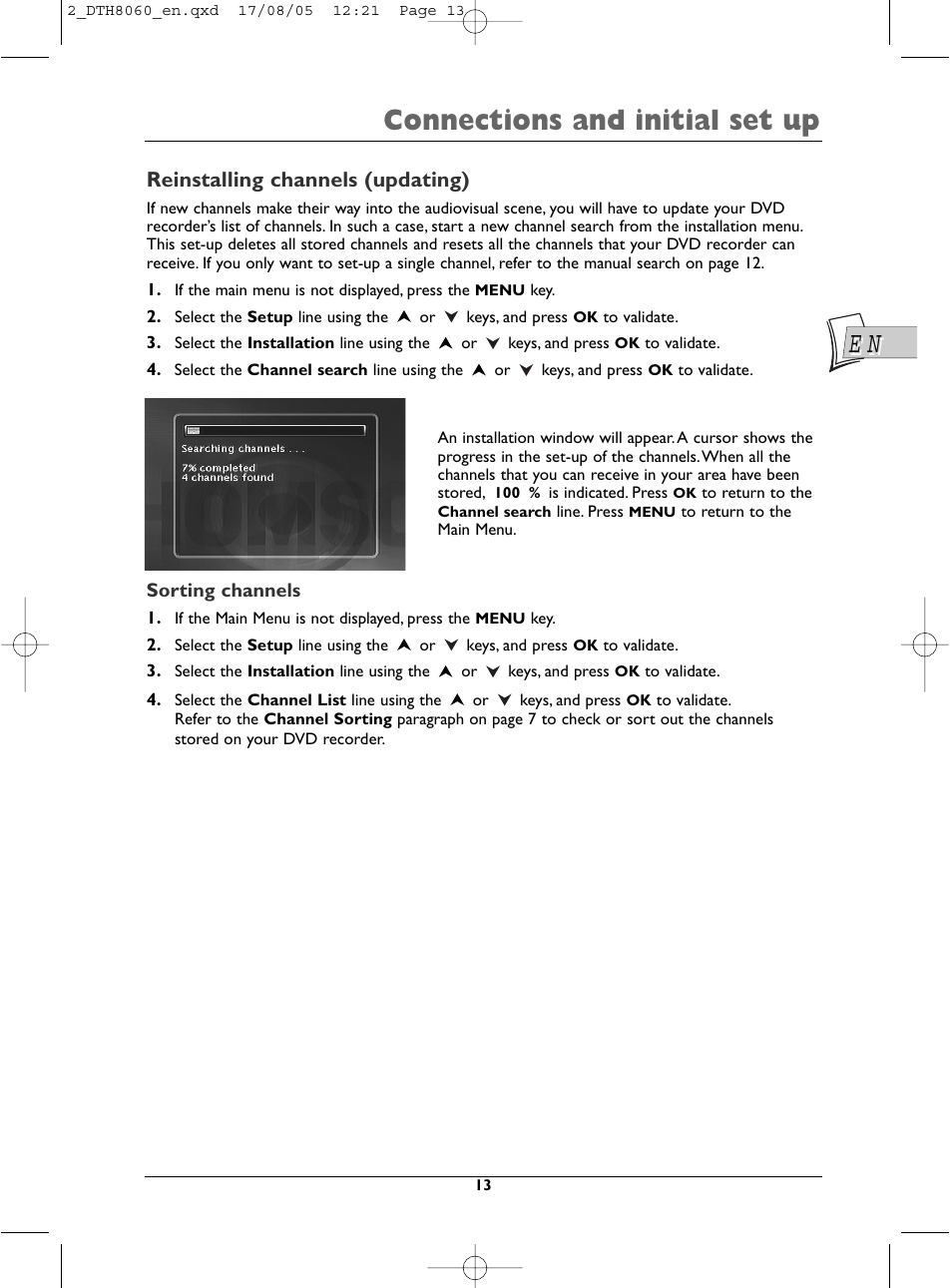 Connections and initial set up, Reinstalling channels (updating) | Technicolor - Thomson DTH8060 User Manual | Page 13 / 75