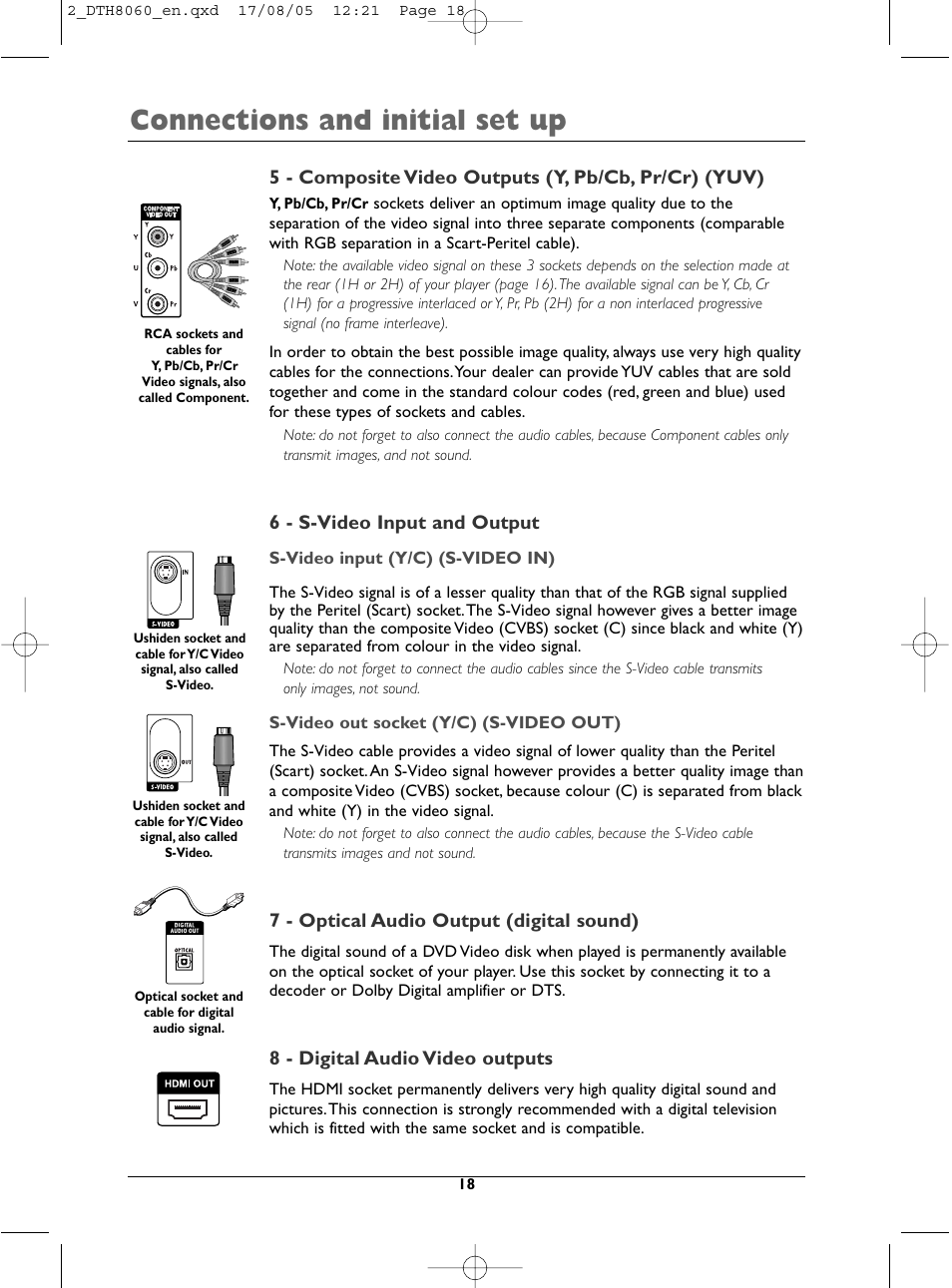 Connections and initial set up, 6 - s-video input and output, 7 - optical audio output (digital sound) | 8 - digital audio video outputs | Technicolor - Thomson DTH8060 User Manual | Page 18 / 75