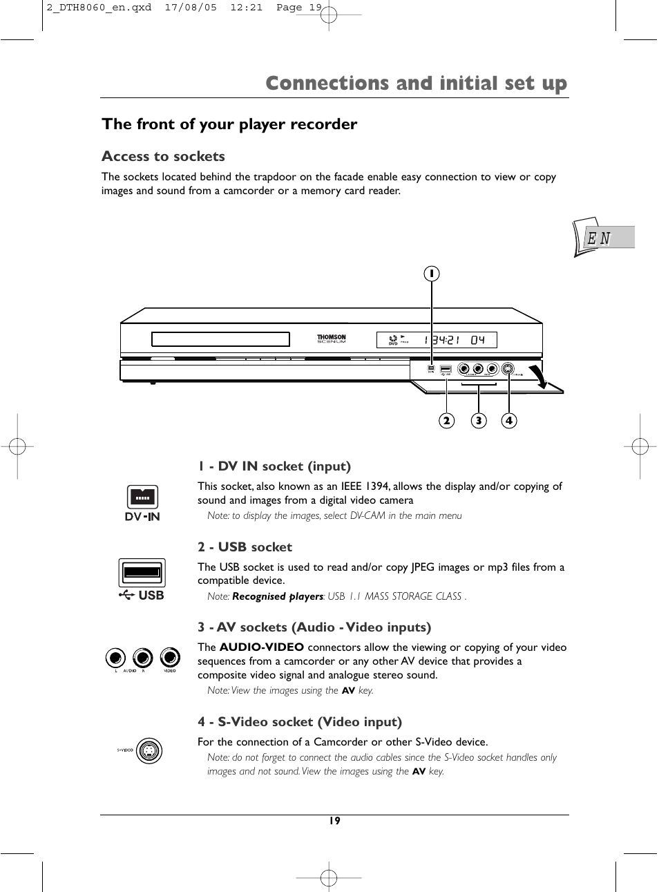 Connections and initial set up, The front of your player recorder | Technicolor - Thomson DTH8060 User Manual | Page 19 / 75