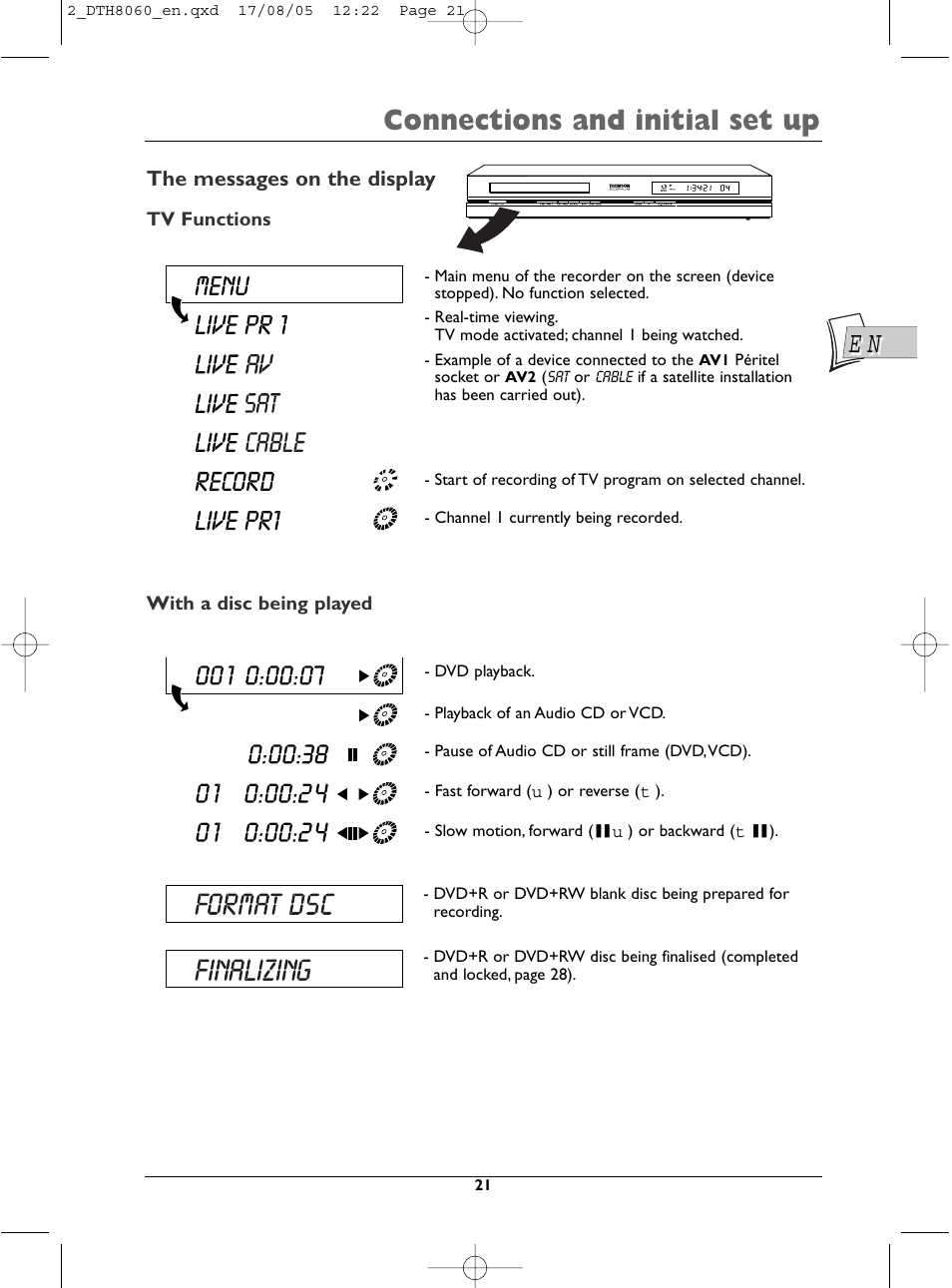 Connections and initial set up, The messages on the display | Technicolor - Thomson DTH8060 User Manual | Page 21 / 75