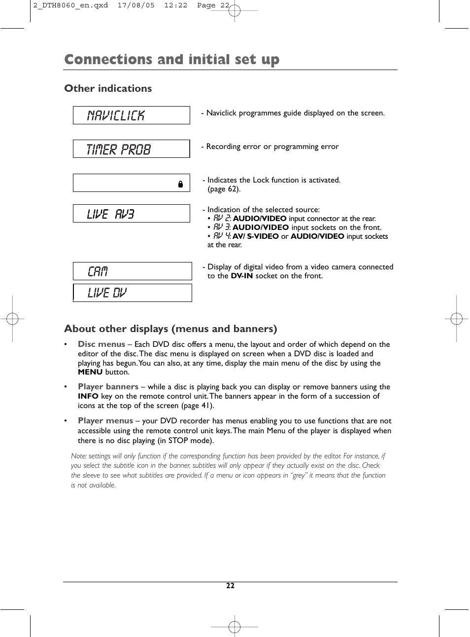Connections and initial set up, About other displays (menus and banners), Other indications | Technicolor - Thomson DTH8060 User Manual | Page 22 / 75