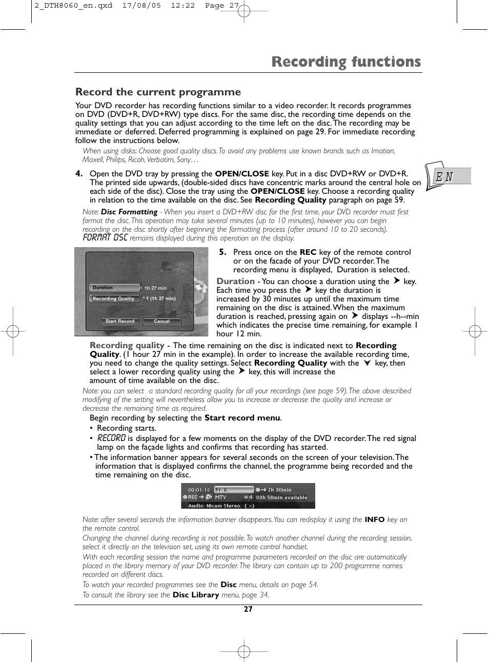 Recording functions, Record the current programme | Technicolor - Thomson DTH8060 User Manual | Page 27 / 75