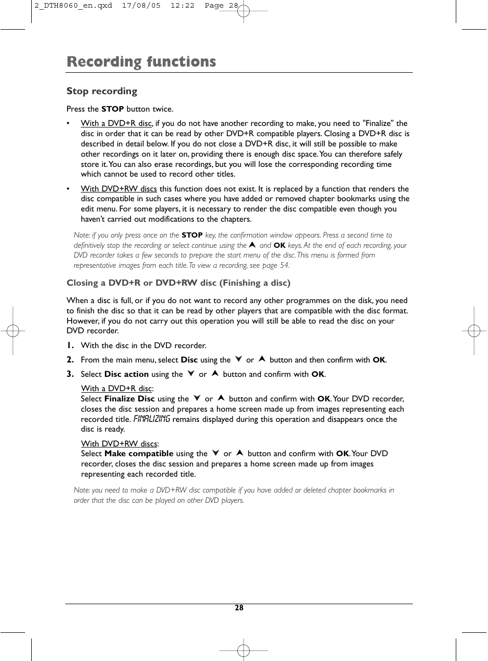 Recording functions | Technicolor - Thomson DTH8060 User Manual | Page 28 / 75