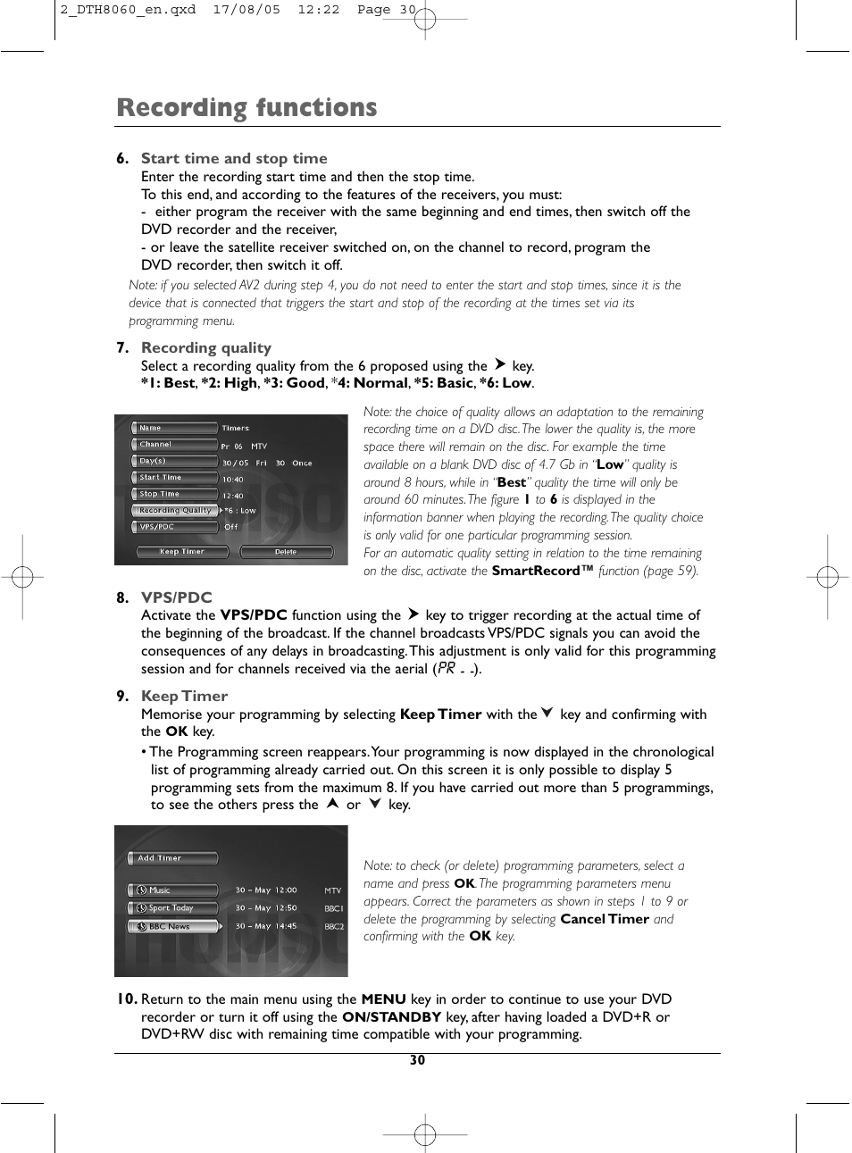 Recording functions | Technicolor - Thomson DTH8060 User Manual | Page 30 / 75