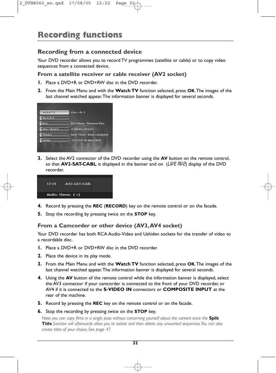 Recording functions, Recording from a connected device | Technicolor - Thomson DTH8060 User Manual | Page 32 / 75