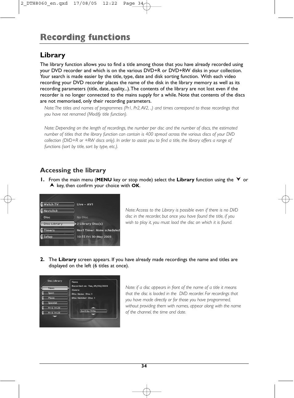 Recording functions, Library, Accessing the library | Technicolor - Thomson DTH8060 User Manual | Page 34 / 75