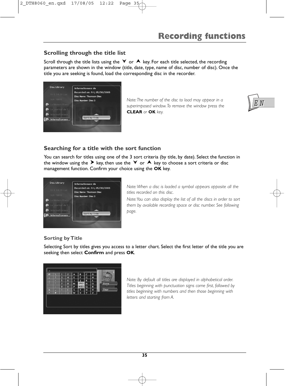 Recording functions | Technicolor - Thomson DTH8060 User Manual | Page 35 / 75