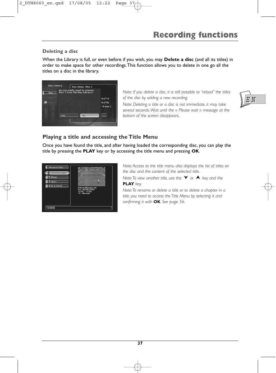 Recording functions | Technicolor - Thomson DTH8060 User Manual | Page 37 / 75