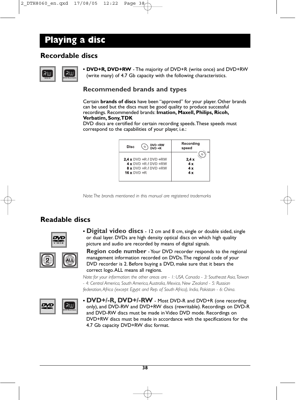 Playing a disc, Recordable discs, Readable discs | Recommended brands and types, Digital video discs, Dvd+/-r, dvd+/-rw | Technicolor - Thomson DTH8060 User Manual | Page 38 / 75