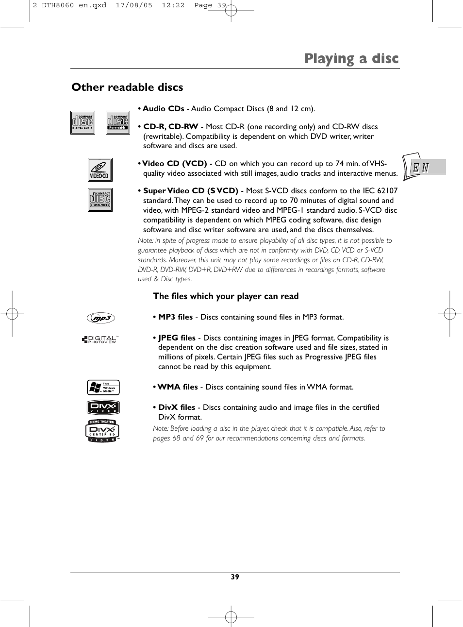 Playing a disc, Other readable discs | Technicolor - Thomson DTH8060 User Manual | Page 39 / 75