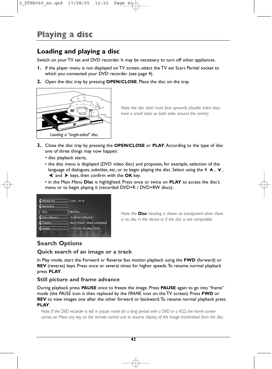 Playing a disc, Loading and playing a disc, Search options | Technicolor - Thomson DTH8060 User Manual | Page 42 / 75