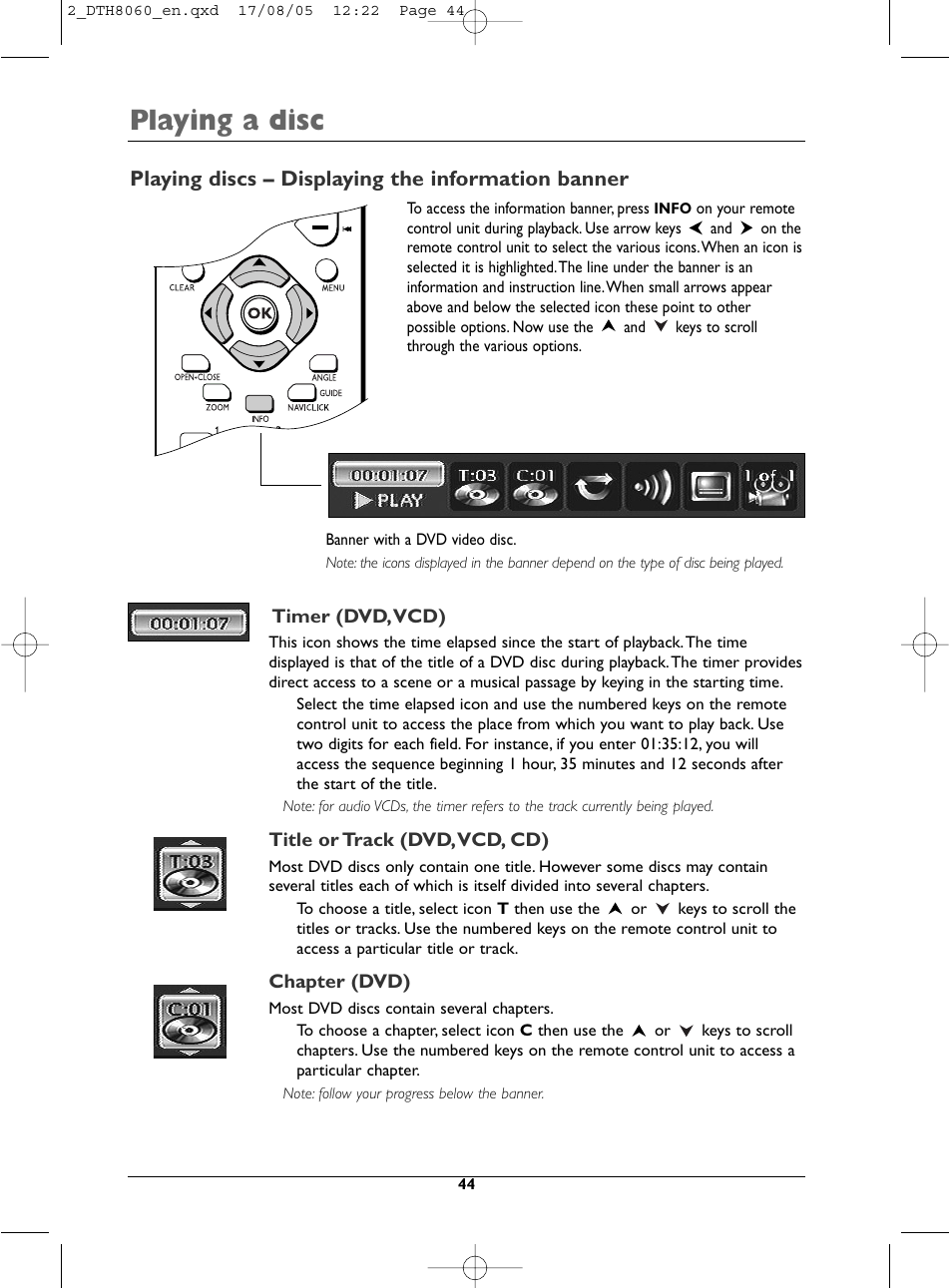 Playing a disc, Playing discs – displaying the information banner | Technicolor - Thomson DTH8060 User Manual | Page 44 / 75