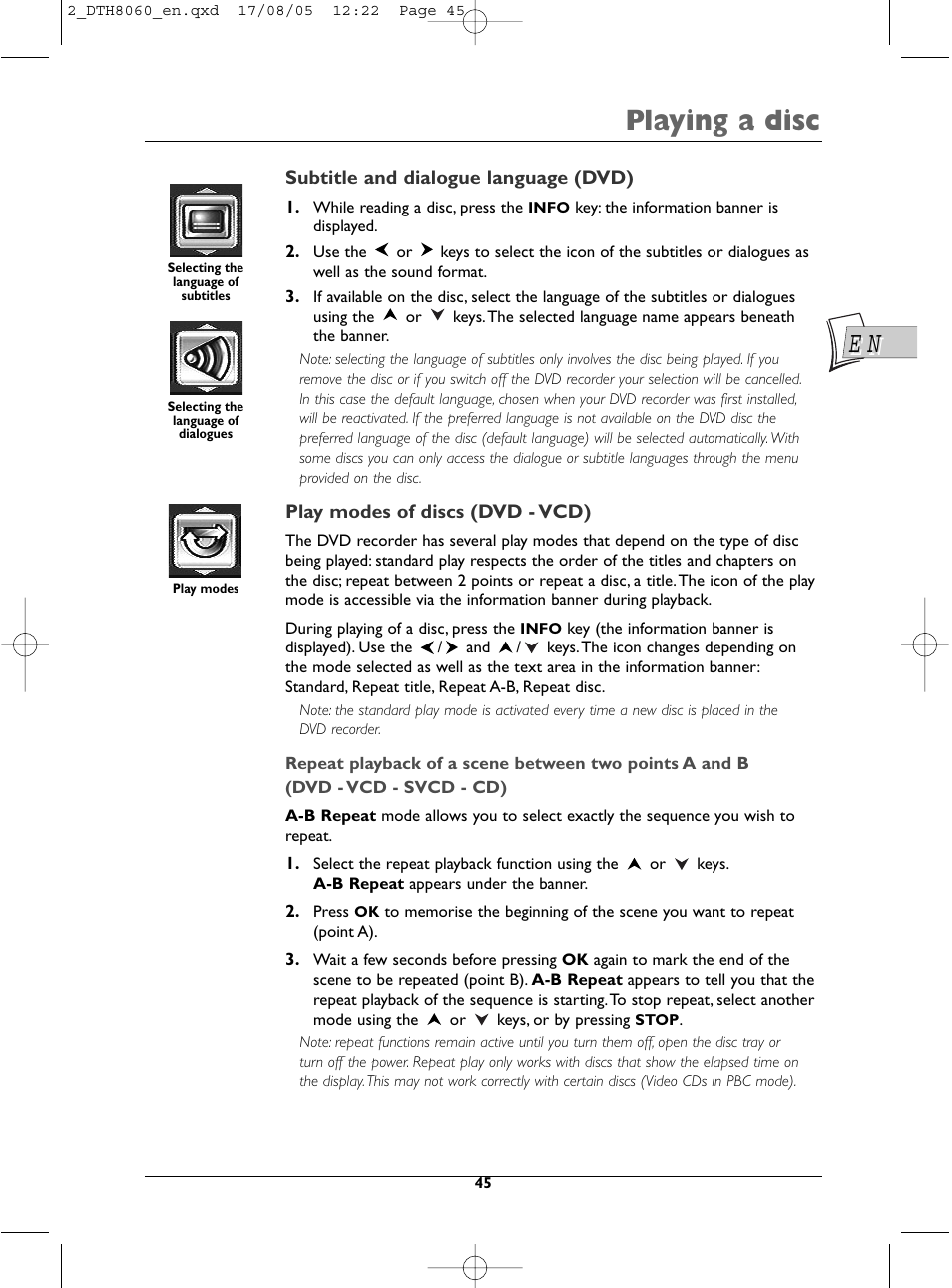 Playing a disc | Technicolor - Thomson DTH8060 User Manual | Page 45 / 75