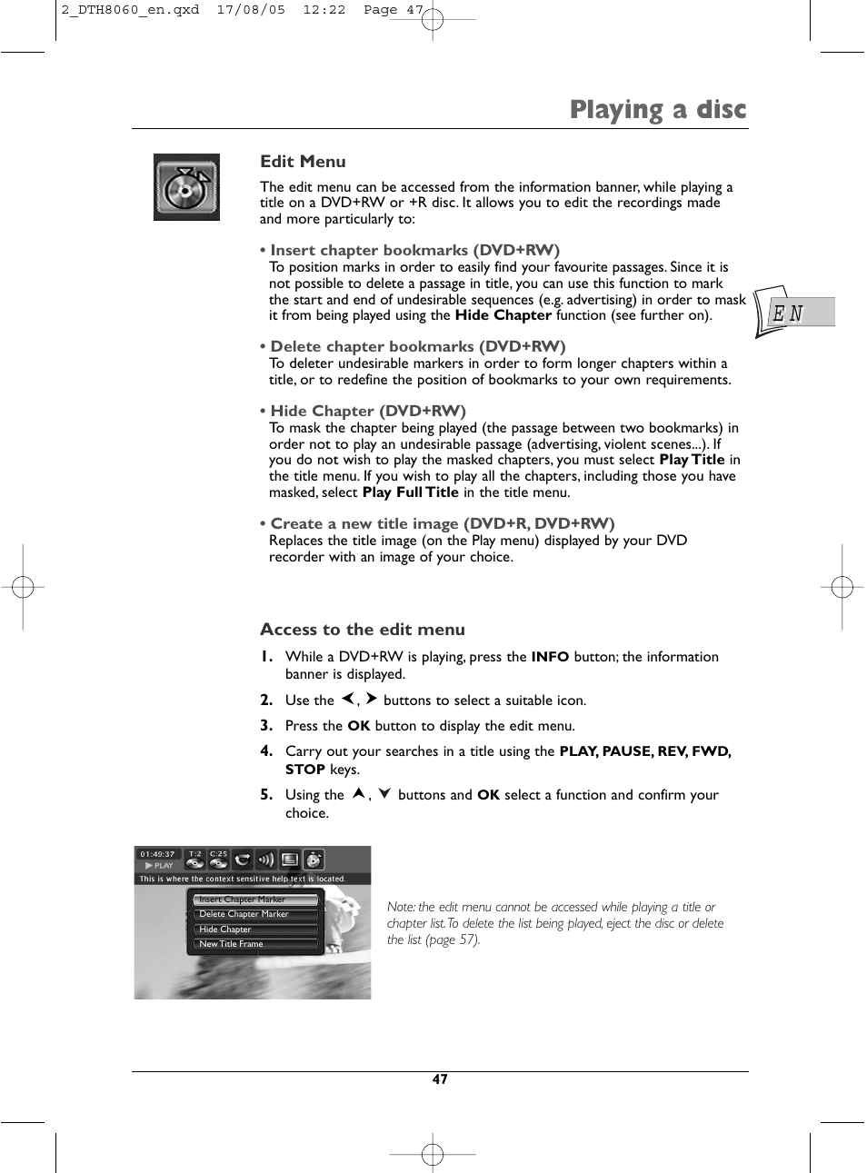 Playing a disc | Technicolor - Thomson DTH8060 User Manual | Page 47 / 75