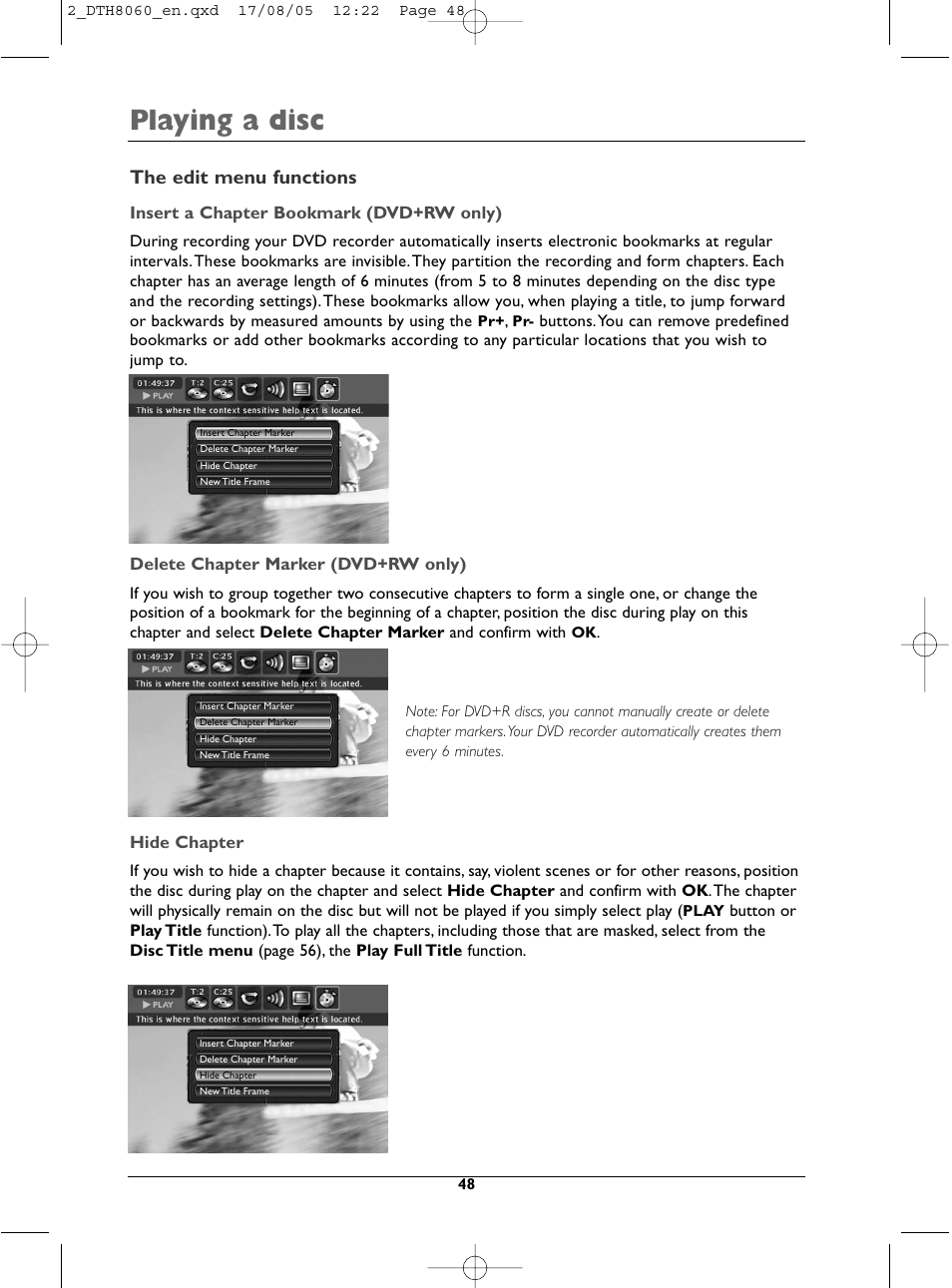 Playing a disc, The edit menu functions | Technicolor - Thomson DTH8060 User Manual | Page 48 / 75