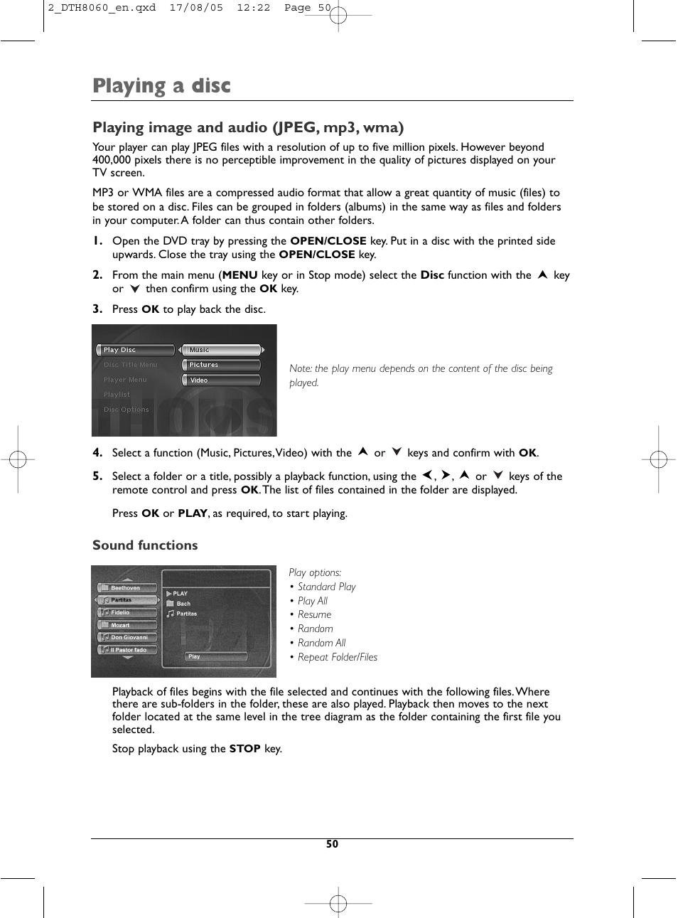 Playing a disc, Playing image and audio (jpeg, mp3, wma) | Technicolor - Thomson DTH8060 User Manual | Page 50 / 75
