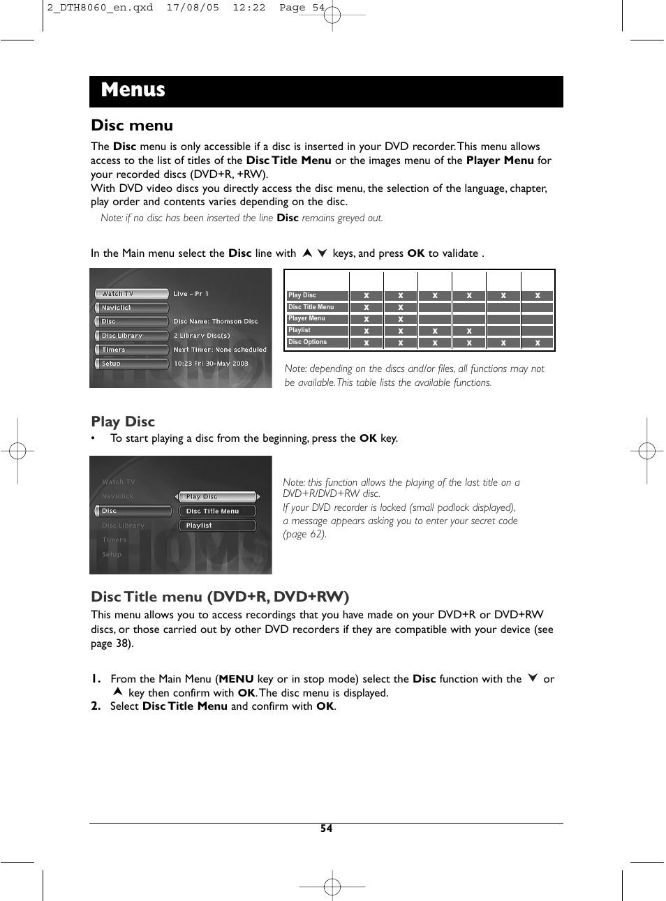 Menus, Disc menu, Play disc | Disc title menu (dvd+r, dvd+rw) | Technicolor - Thomson DTH8060 User Manual | Page 54 / 75