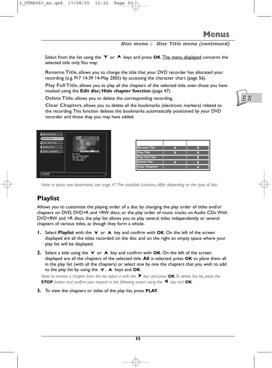 Menus, Playlist | Technicolor - Thomson DTH8060 User Manual | Page 55 / 75