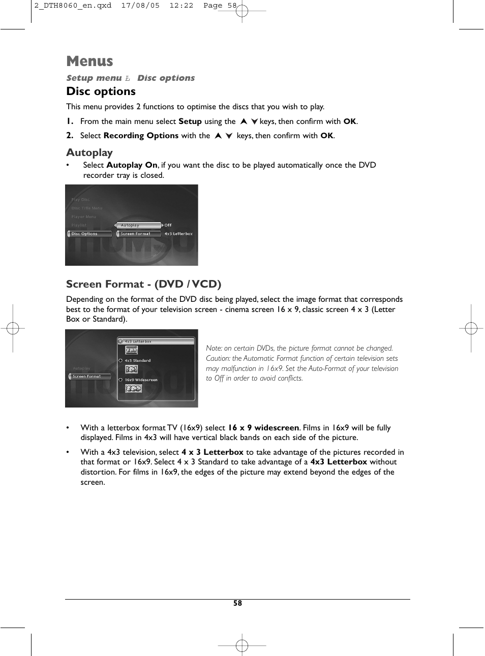 Menus, Disc options, Autoplay | Screen format - (dvd / vcd) | Technicolor - Thomson DTH8060 User Manual | Page 58 / 75