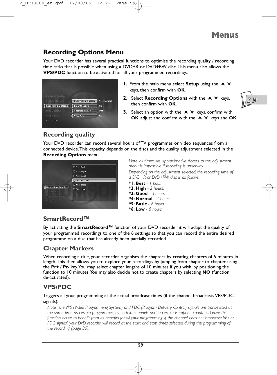 Menus, Recording options menu, Recording quality | Smartrecord, Chapter markers, Vps/pdc | Technicolor - Thomson DTH8060 User Manual | Page 59 / 75