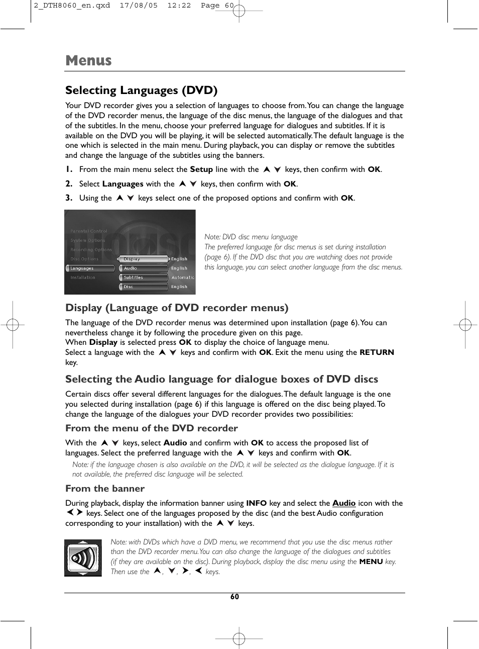 Menus, Selecting languages (dvd), Display (language of dvd recorder menus) | Technicolor - Thomson DTH8060 User Manual | Page 60 / 75